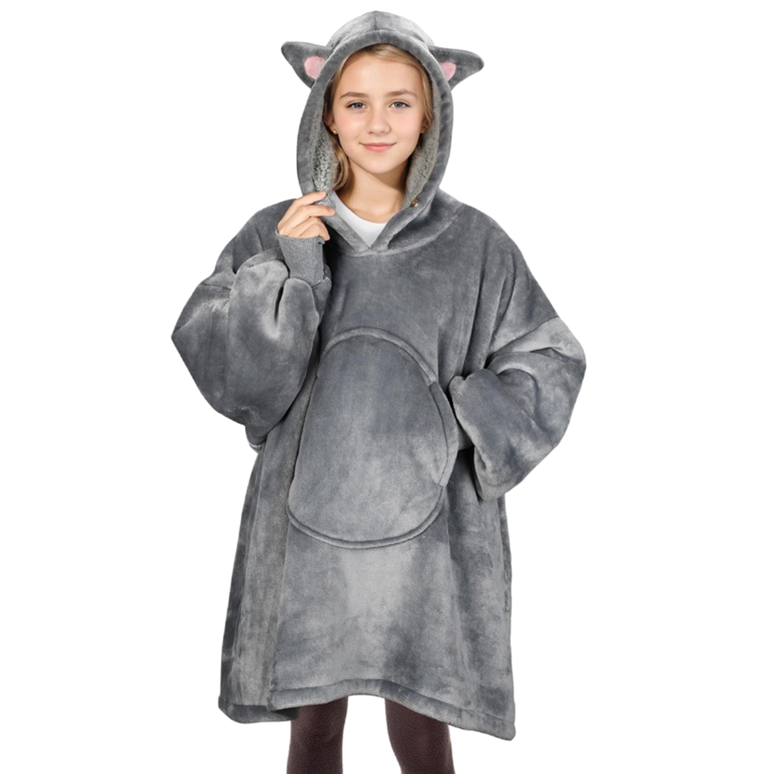 Solaris Cat Wearable Blanket Hoodie For Kids - Warm Soft Gift, Oversized Cozy Sherpa Fleece Sweatshirt Pullover For Teens, Girls